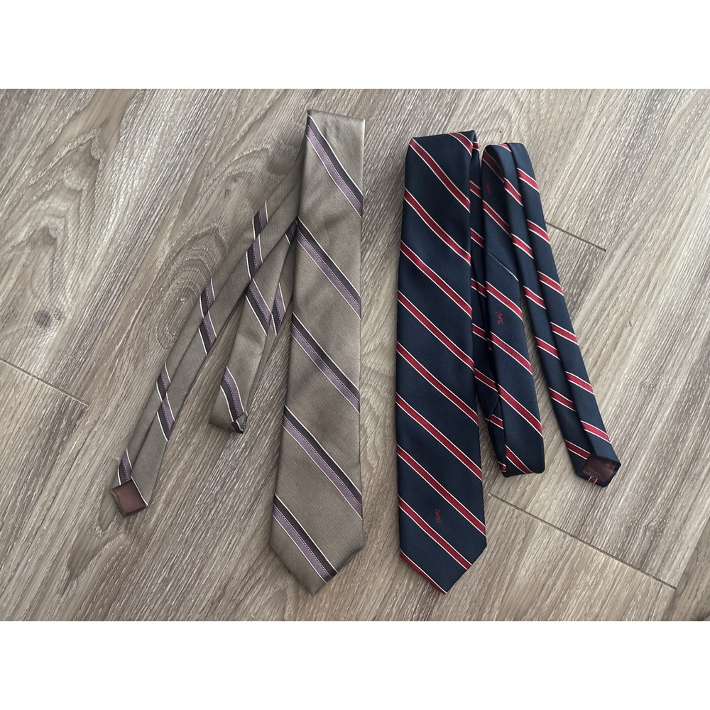 Yves Saint Laurent Silk Necktie Set Vintage Striped Navy Red Taupe 2pc Tie Lot